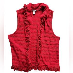 Chico's Red Sleeveless Cardigan Sweater Vest Fringe Fray Trim Open Front sz 2/M